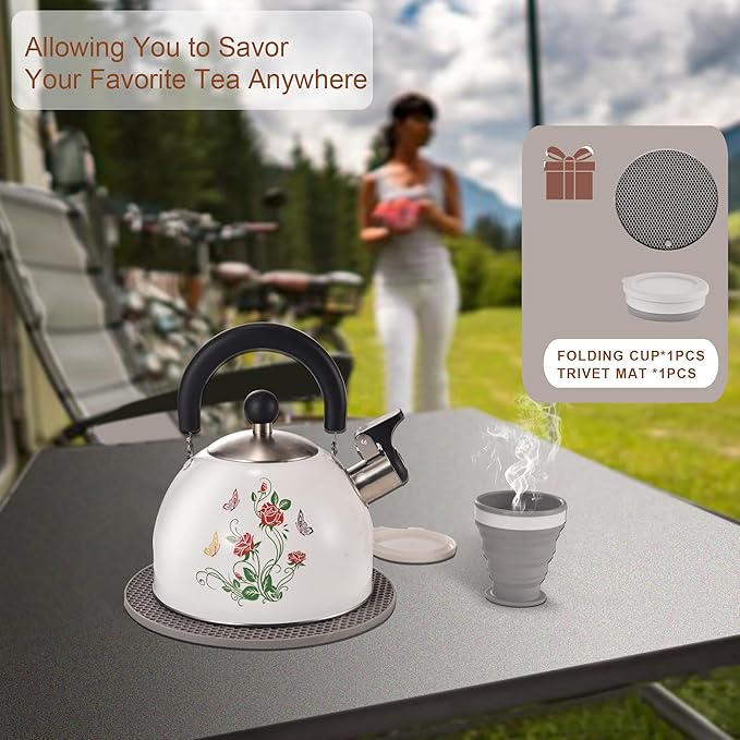 ARC Stainless Steel Whistling Tea Kettle, Magic Color Changing Design 2-Quart Stovetop Kettle Whistle White Teapot with Folding Cup & Trivet Mat