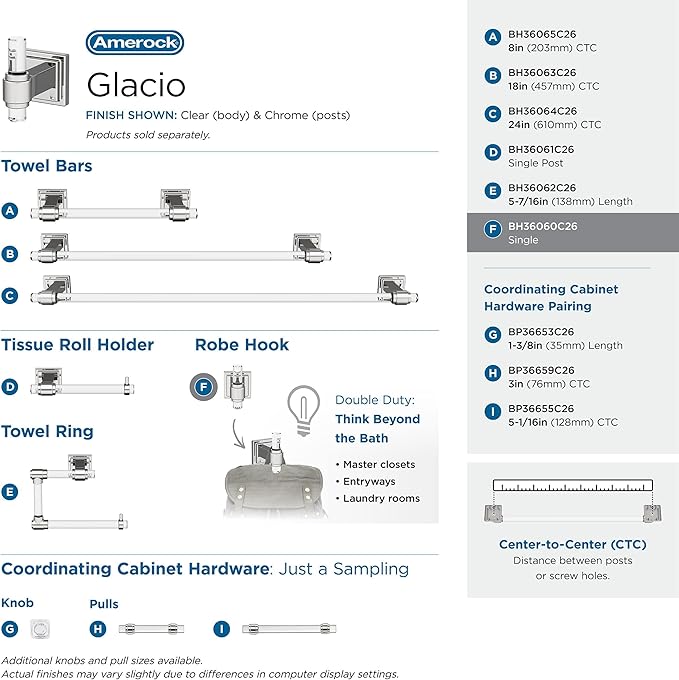 Amerock | Clear/Chrome | Glacio |Towel Bar | 24 inch (610 mm) | 4 Piece | Bathroom Accessories Set