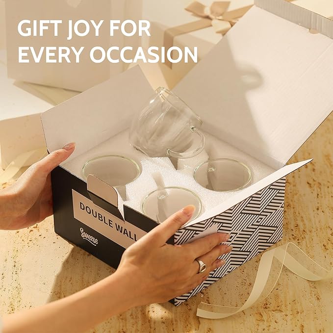 Sweese 5oz Double Wall Glass Espresso Cups Set of 4, Clear Glass Espresso Shot Cups Perfect for Cappuccino, Latte, Tea