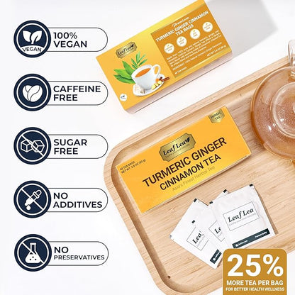 LeafLea Turmeric Tea with Ginger and Cinnamon, 80 Premium Turmeric Ginger Tea Bags, Supports Immune Health & Digestion, 100% Natural & Pure Blend Herbal Tea, Caffeine-Free, No Sugar, Vegan