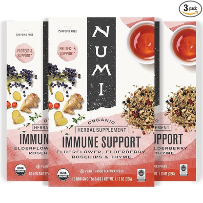 Numi Organic Immune Support Tea, 16 Tea Bags (Pack of 3), Elderflower, Elderberry, Rosehips and Thyme, Caffeine Free