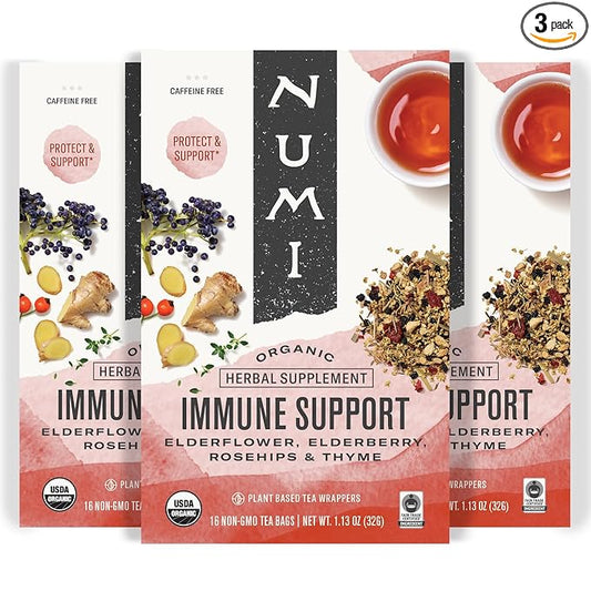 Numi Organic Immune Support Tea, 16 Tea Bags (Pack of 3), Elderflower, Elderberry, Rosehips and Thyme, Caffeine Free