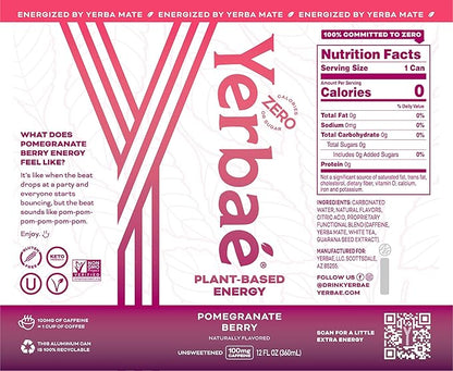 Yerbaé Energy Seltzer - Pomegranate Berry, No Sugar/Calories/Carbs. Energized by Yerba Mate, Naturally Caffeinated Plant-Based, Healthy Alternative to Coffee, Sugary Sodas, Pack of 12, 12oz cans