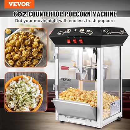 VEVOR Popcorn Maker, 850W Popcorn Popper Machine, 8 Oz Kettle Makes 48 Cups per Batch, Countertop Popcorn Maker with Tempered Glass, Includes 4 Scoops, Movie Theater Style, Black