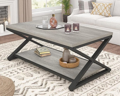 HSH Rustic Grey Coffee Table, Modern Minimalist Living Room Table with Storage Shelf, Industrial Simple Metal Wooden Center Table, 2 Tier Rectangle Cocktail Tea for Home Office Bedroom, 39 Inch