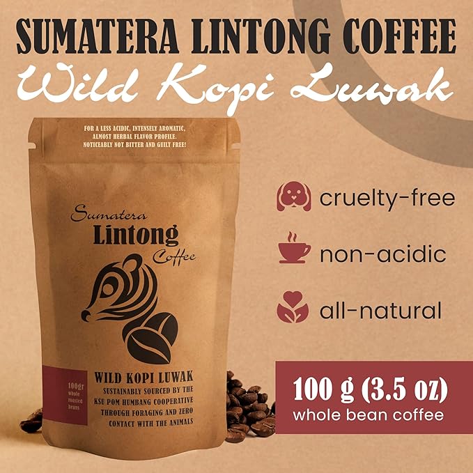 Wild Kopi Luwak, the World’s Most Exclusive Coffee, Sustainably Sourced From Sumatra, Indonesia (100gr / 3.5oz)