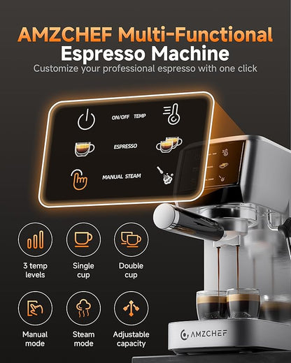 AMZCHEF Espresso Machine 20 Bar Professional Coffee Maker with Milk Frother, Adjustable Temperature & Pressure, Stainless Steel Espresso Maker for Cappuccino, Latte, Mocha, 44oz Removable Water Tank