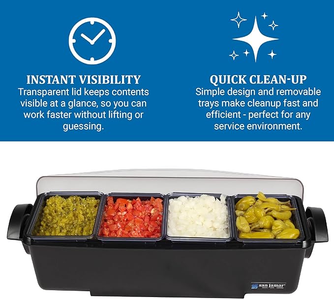 San Jamar Dome Garnish Center 4 Tray with Dome Lid for Kitchen, Bar, and Restaurants, Plastic, 12 Pints, Black