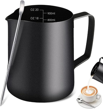 Milk Frothing Pitcher, Stainless Steel Espresso Steaming Pitcher 320Z/900ML Coffee Milk Frother Cup with Decorating Art Pen for Espresso Machine, Milk Frother, Latte Art Black