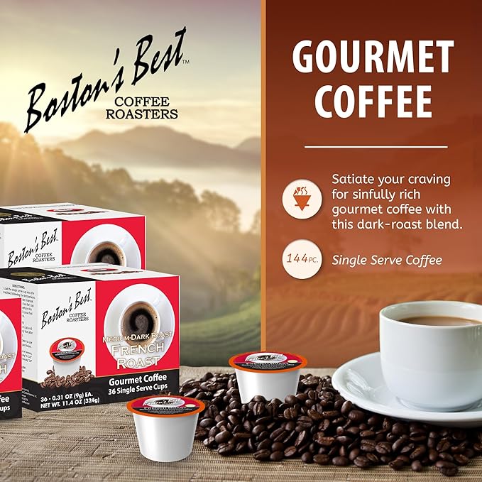 Boston’s Best - Rich & Bold French Roast Gourmet Coffee, Delectable Dark Roast Compatible with Keurig Coffee Maker - 144 Count (Pack of 1)