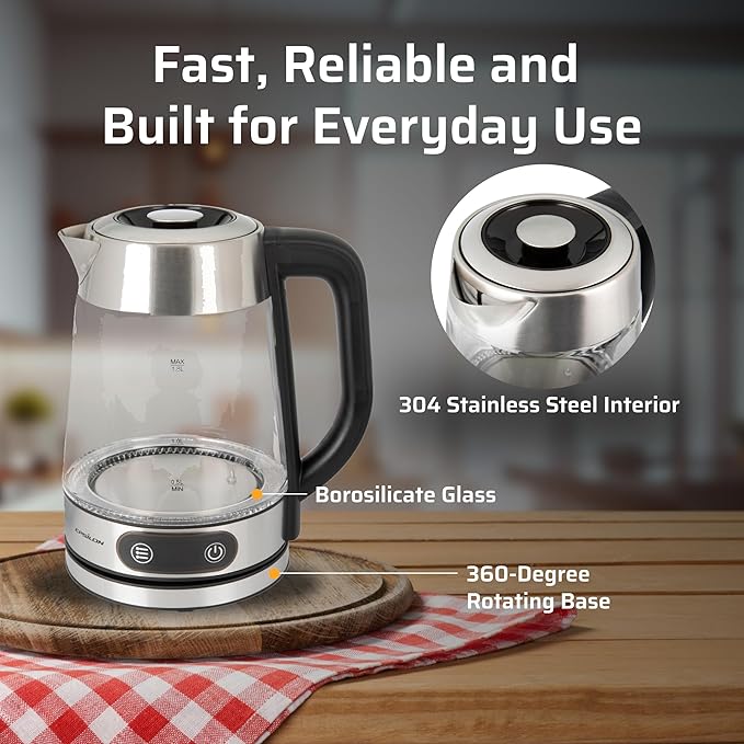 Epsilon 1.8L Glass Electric Kettle – Hot Water Tea Kettle with Borosilicate Glass & Stainless Steel, Auto Shut-Off, Fast Boil 1100W Electric Teapot, BPA-Free, Cool Touch Base