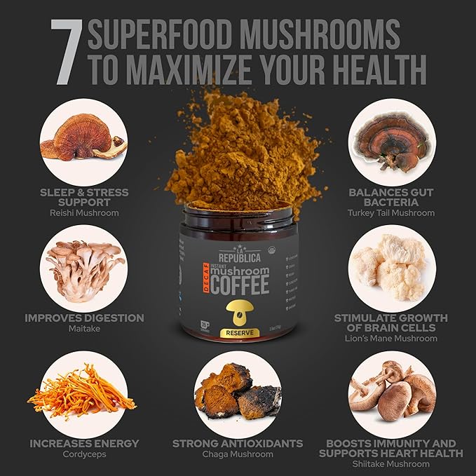 La Republica Founders Reserve Decaf Instant Mushroom Coffee Organic (35 Servings), Premium 50% More Shrooms, Rich Flavor