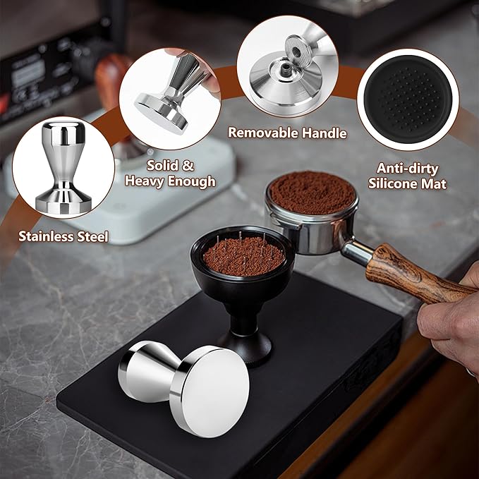 58MM Coffee Tamper, Espresso Press with Silicone Tamper Mat, Stainless Steel Coffee Press for Coffees Grounds Barista Espresso Machines Accessory