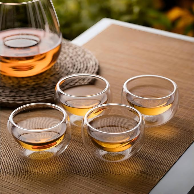 CNGLASS Double Wall Glass Tea Cup Set of 4,100ml Asian Insulated Clear Teacups,Small Espresso Cup for Coffee