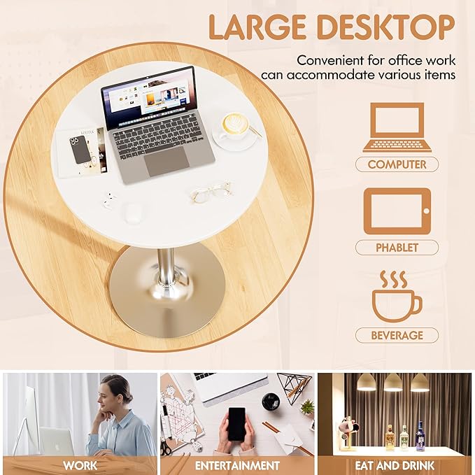 Shahoo Round Bar Table, Cocktail Tables with Metal Base & MDF Top, for Bistro Pub, Cafe, Silver and White