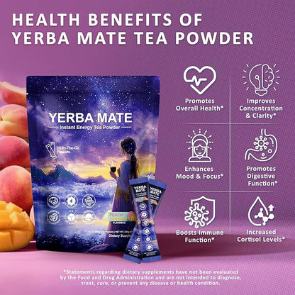 Yerba Mate Peach Mango Drink Mix - Instant Tea Powder with Natural Caffeine & Probiotics for Gut Health, Focus, Cortisol Levels, Immunity, 30 Servings Clean Energy Drink Powdered, No Crash, Sugar-Free