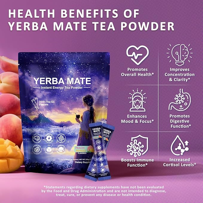 Yerba Mate Peach Mango Drink Mix - Instant Tea Powder with Natural Caffeine & Probiotics for Gut Health, Focus, Cortisol Levels, Immunity, 30 Servings Clean Energy Drink Powdered, No Crash, Sugar-Free