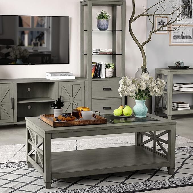 MODERION Solid Wood Coffee Table with Tempered Glass Top, Rectangular Living Room Table with 2-tire Storage Shelf, Industrial Centre Table, 45.5" X 26" Tabletop, Easy Assembly Antique Grey KFZ1318AN