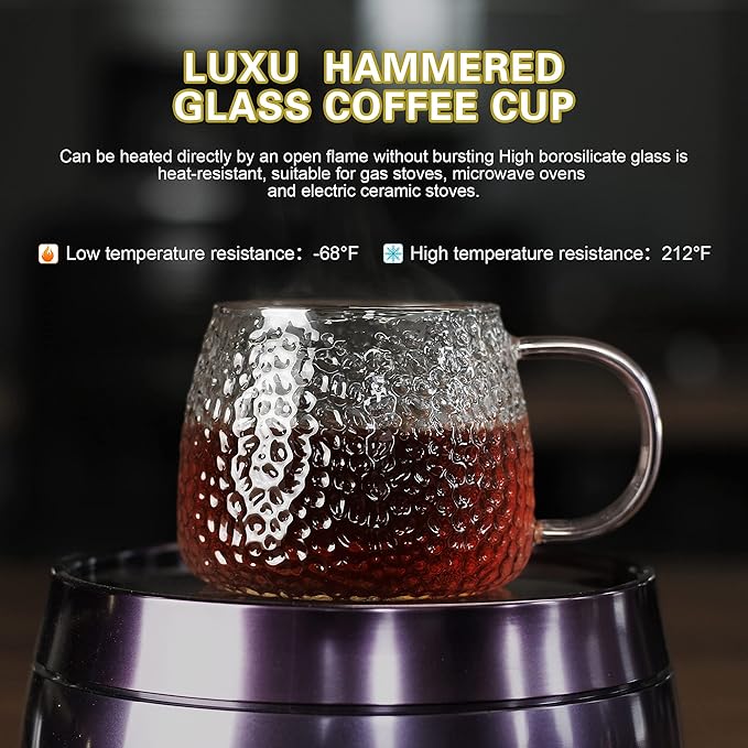 LUXU Hammered Tea Cups,Glass Coffee Mugs,Set of 6 Coffee Cups with Different Color Handles-15 oz,Prefect for Cappuccino,Latte,Water,Mocha,Milk,Widely Used for Cafes,Home and Office
