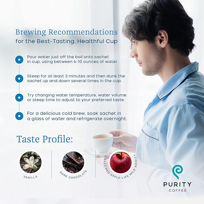 Purity Coffee CALM Decaf Medium Roast Organic Coffee - USDA Certified Organic Specialty Grade Arabica Single-Serve Packets - Third Party Tested for Mold, Mycotoxins & Pesticides - 5 ct Box