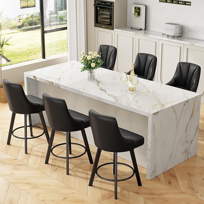 Swivel Bar Stools with Backs, 24" Counter Height Bar Stools Set of 6, PU Leather Upholstered Counter Barstools with Solid Wood Legs for Kitchen Island, Home Bar, Black