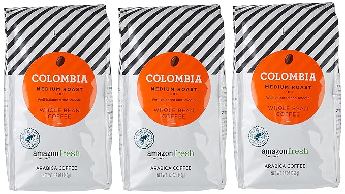 Amazon Fresh Colombia Whole Bean Coffee, Medium Roast, 12 Ounce (Pack of 3)