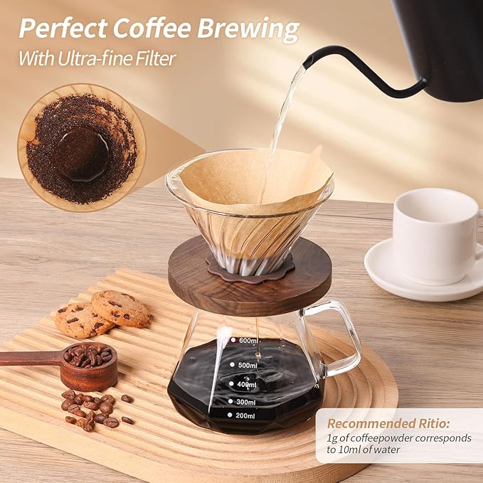 Pour Over Coffee Maker, Borosilicate Glass Drip Coffee Maker with Reusable Stainless Steel Filter and Cork Grip for Home Café (Walnut Collar, 20 OZ)
