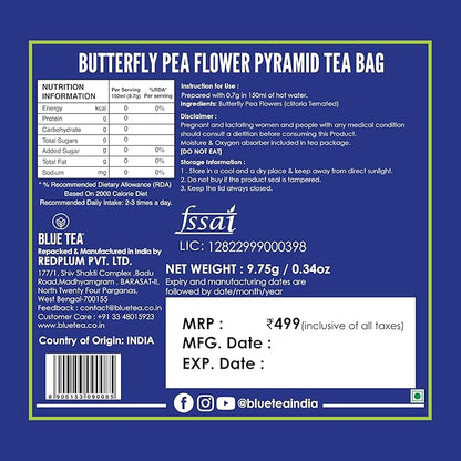 BLUE TEA - Butterfly Pea Flower Tea - 15 Count - Pyramid Plant Based Tea Bag | ANTIOXIDANT RICH | Herbal Tea - Caffeine Free - Detox Tea - Flower Based - Non Bitter | Reusable Tin Pack