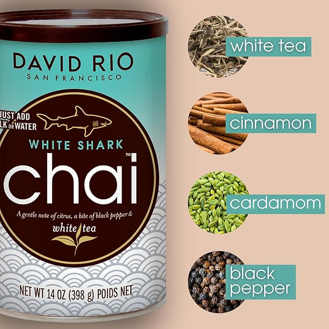 White Shark Chai Tea Latte Mix, 14 Oz, White Tea, Organic Spices, Dairy Free, Serve Hot or Cold, Just Add Water or Milk, 14 Servings