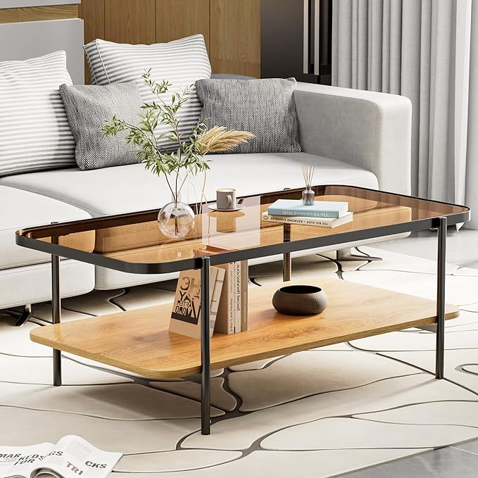 Brown Glass Coffee Table, Modern 2-Tier Coffee Table with Metal Leg, Accent Table with Wood Open Storage, Living Room Rectangular Center Table with Rounded Corners, Side Table for Home Office (Brown)