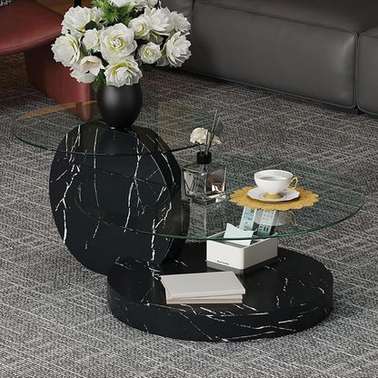 42 Inch Glass Coffee Table，Round Coffee Table with 2-Tier Tempered Glass Tabletop，Easy to Clean Circle Coffee Table with Sturdy Base for Living Room，Office (Black Marble Colored Base