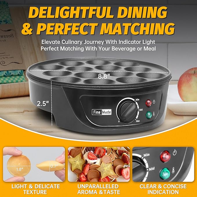 Non Stick Pancakes Maker Machine, Electric Poffertjes Pan with Browning Control, Mini Ebelskiver Aebleskiver Pan, Dutch Pancake Maker, with Brush & Forks, 14 Slots, Black