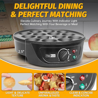 Non Stick Pancakes Maker Machine, Electric Poffertjes Pan with Browning Control, Mini Ebelskiver Aebleskiver Pan, Dutch Pancake Maker, with Brush & Forks, 14 Slots, Black