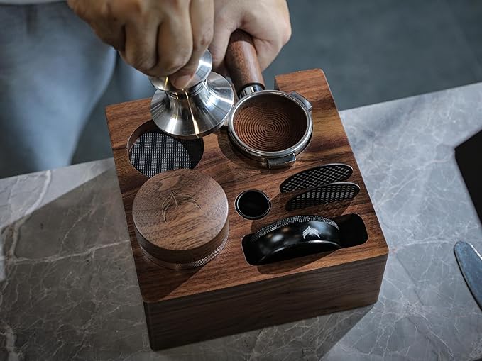 54mm Espresso Tamping Station V3 Walnut Portafilter Holder Espresso Organizer for Breville Machines with Tamper Holder, Distributor Slot, and Multi Accessory Storage