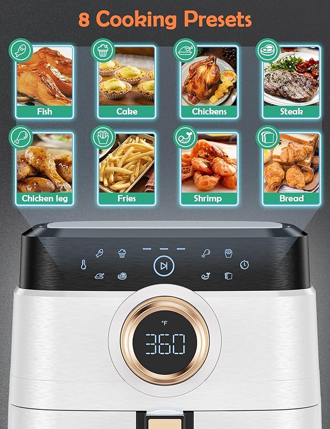 Air Fryer, ALLCOOL Airfryer Oven 8QT Large Air Fryer 1700W 8-in-1 with Touch Screen Air Fryers Dishwasher Safe Nonstick Tray Freidora de Aire 32 Recipes BPA & PFOA Free White Air Fryer