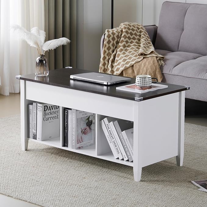 VINGLI Lift Top Coffee Table, White, with Storage Shelf/Hidden Compartment, Gas Lifting Mesa De Centro para Sala Pop Up Coffe Table