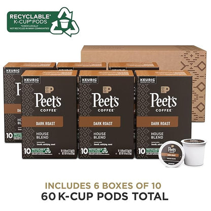 Peet's Coffee, Dark Roast Keurig K-Cup Pods - House Blend 60 Count (6 Boxes of 10 K-Cup Pods)