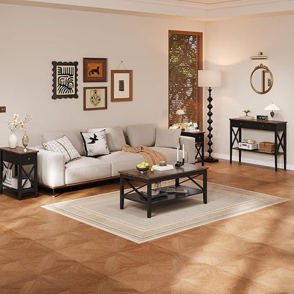 ChooChoo Coffee Table, Wooden Coffee Tables with Thicker Legs, Black Coffee Table with Storage for Living Room
