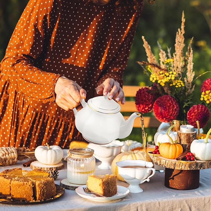 GOMMO Fine Real Bone China Teapot 30oz for Elegant Life Ceramic Tea Kettle (White-Gold)
