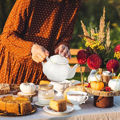 GOMMO Fine Real Bone China Teapot 30oz for Elegant Life Ceramic Tea Kettle (White-Gold)