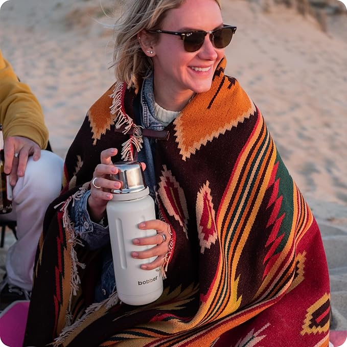 BOBBER 34 oz Stainless Steel Travel Thermos for Hot and Cold Drinks – Dishwasher Safe Metal Water Bottle with Cup Lid – Keeps Hot for 48 Hours – BPA-Free, Vacuum Insulated (Sand Grey)