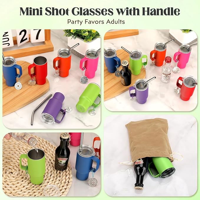 Cute Shot Glasses with Handle 2 oz, Mini Shot Tumbler with Lid and Straw, Kawaii Insulated Tumblers with Chain for Espresso Coffee Spirits Cute Stuff Funny Gifts (6 Pack-B)