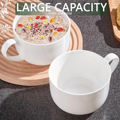 Chulan Large Luxury Bone China Cereal Mugs, White Porcelain Coffee Mugs Set of 2, 25oz Lightweight Ceramic Cups for Soup Fruit Salads Yogurt Pasta with Handles, Microwave Safe & Dishwasher Safe