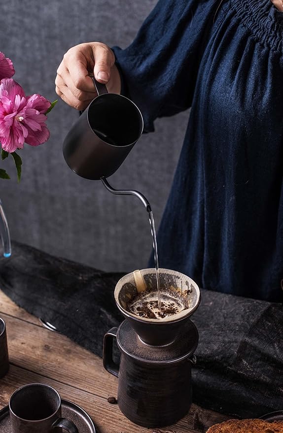 Stoneware Handmade Pour Over Coffee Maker Set, Ceramic Coffee Brewer Hand Drip Cone Dripper & Coffee Pot Microwaveable Decanter, Retro Metallic Glaze, 16oz