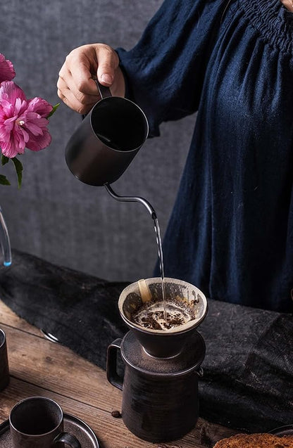 Stoneware Handmade Pour Over Coffee Maker Set, Ceramic Coffee Brewer Hand Drip Cone Dripper & Coffee Pot Microwaveable Decanter, Retro Metallic Glaze, 16oz