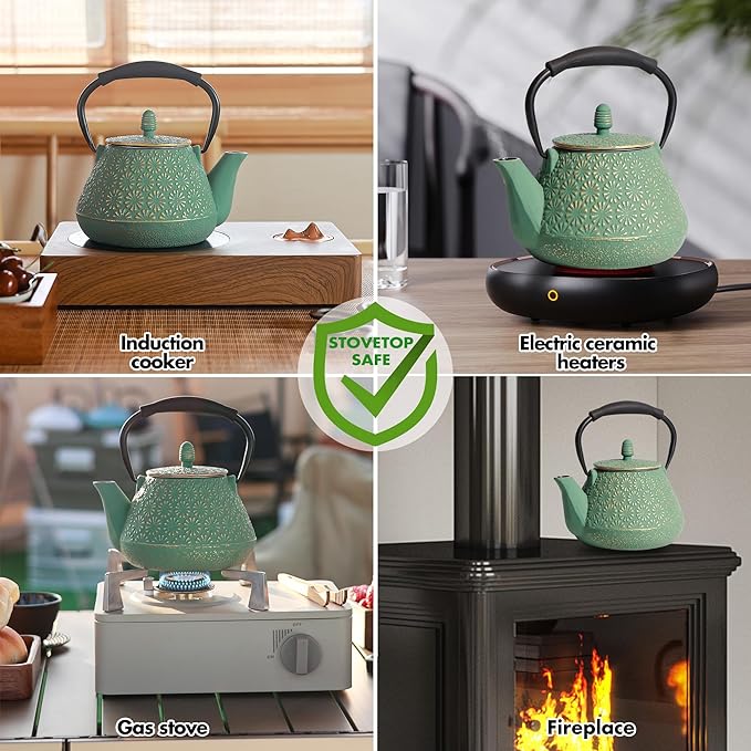 Cast Iron Teapot, 32oz Tea Kettle with Infuser for Stove Top, Sakura Blossom Pattern Japanese Tea Pot for Tea & Coffee Coated with Enameled Interior, Silicone Handle 950ml Green