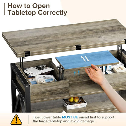 40" Lift Top Coffee Table,4 in 1 Multi-Function Lift Coffee Tables with Storage Drawers and Hidden Compartmen,Farmhouse Coffee Table with Lifting top for Living Room,Grey