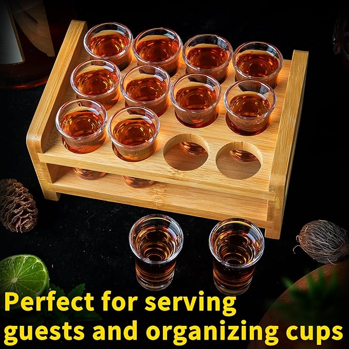 Shot Glasses and Holder Mini Shot Glasses Set 0.5oz-0.66oz / 15ml-20ml Set of 12 Shot Glass Stand Tray Clear Glass for Party Club Bar Home Restaurant Kitchen Barware Glassware Drinking Tool