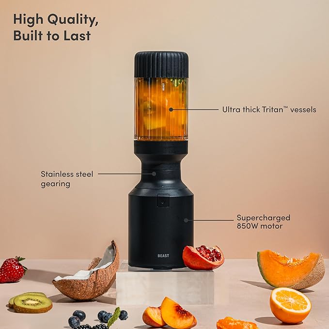 Beast Mighty 850 | Premium Compact Personal Blender | Smoothies, Shakes, Dressings, Sauces, Desserts, Dips | Blends Ice and Frozen Fruit | Includes Extra Lids and Straws | 850W (Carbon Black)