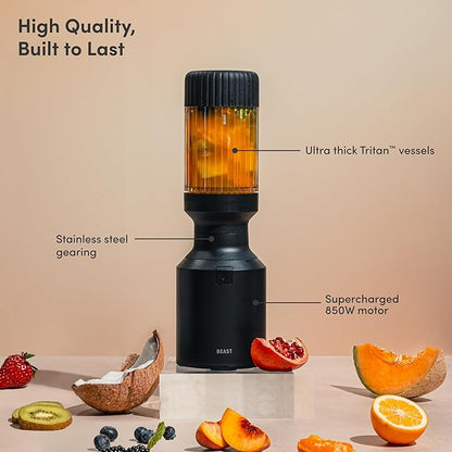 Beast Mighty 850 | Premium Compact Personal Blender | Smoothies, Shakes, Dressings, Sauces, Desserts, Dips | Blends Ice and Frozen Fruit | Includes Extra Lids and Straws | 850W (Carbon Black)